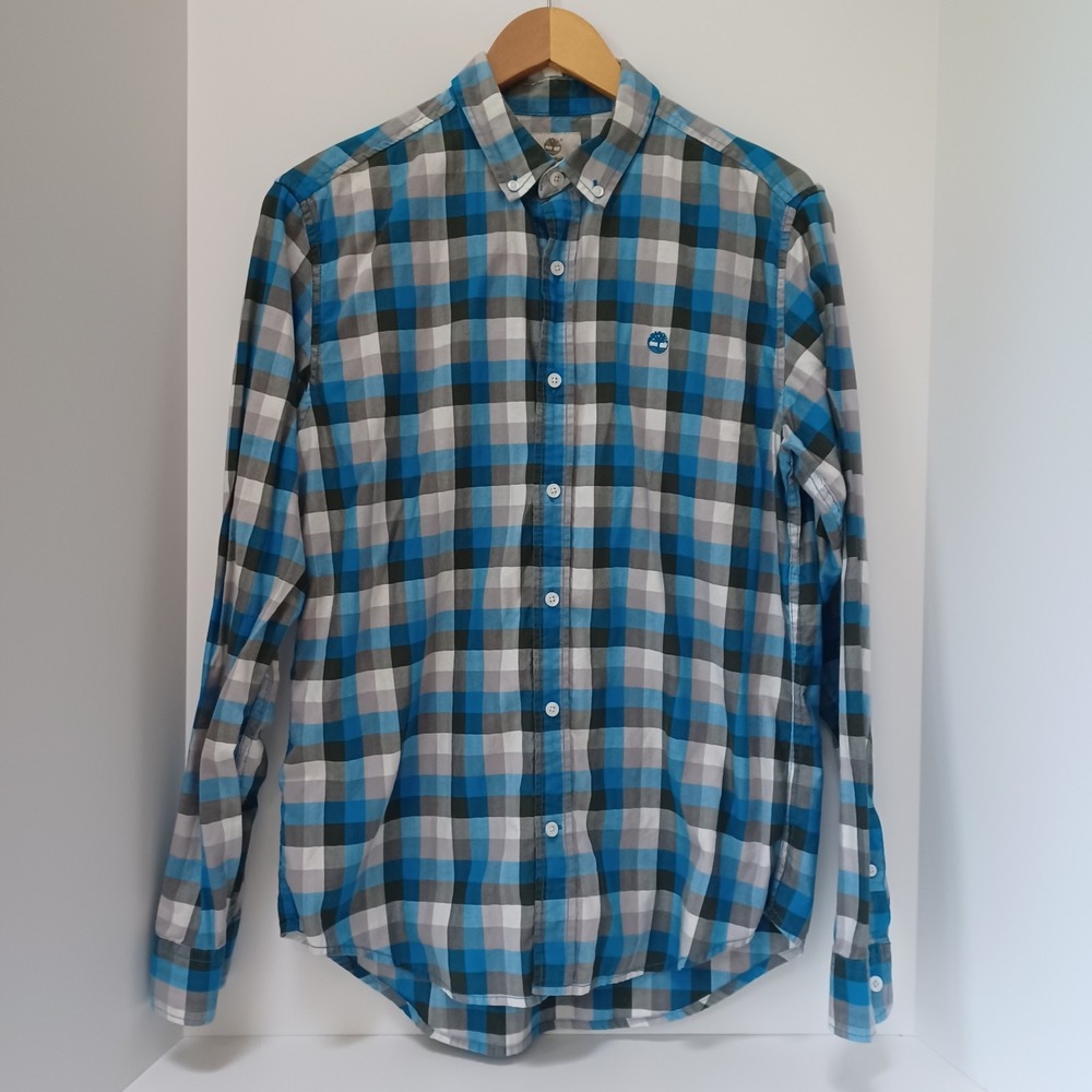 Timberland Shirt Mens Med Slim Fit Blue White Gray Plaid Long Sleeve Button Down